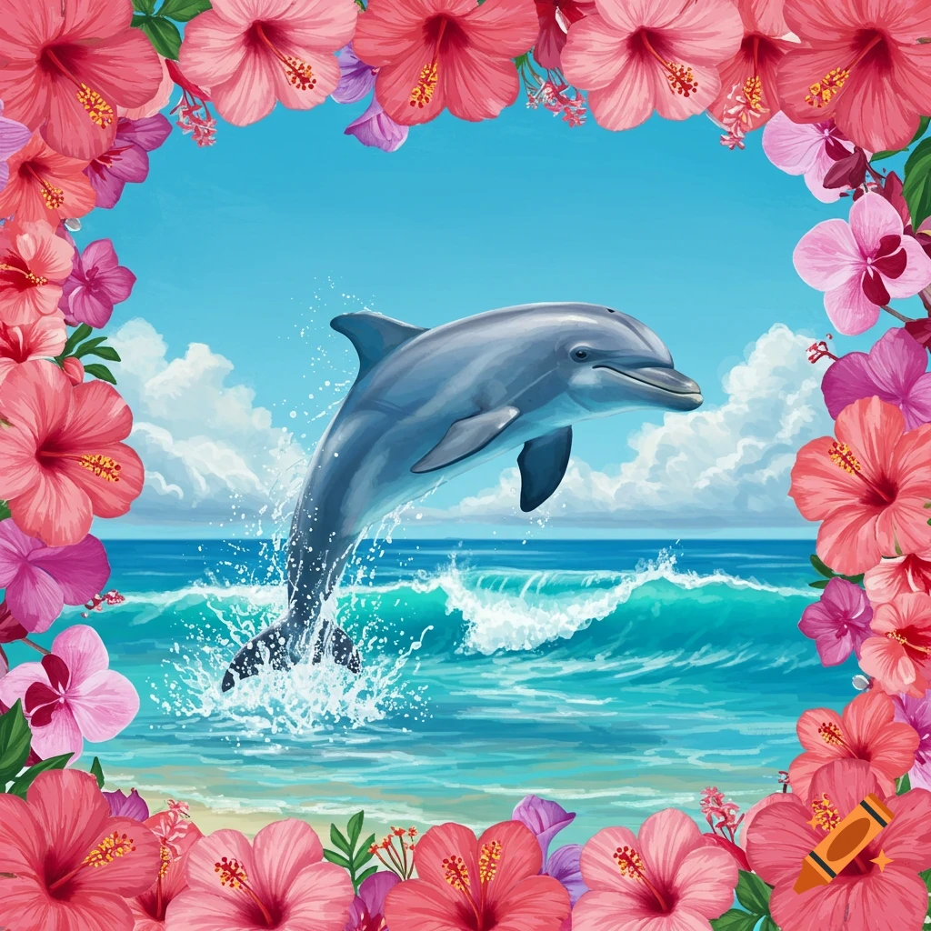 A dolphin leaps from turquoise ocean waves, framed by vibrant pink and red hibiscus flowers under a blue sky.