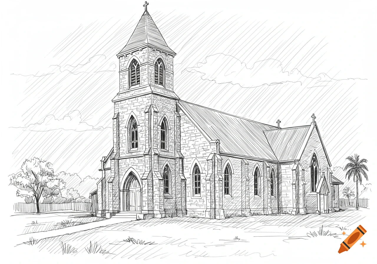 Detailed line art outline drawing of an old stone church with a tall steeple, set against a sky with clouds and trees.