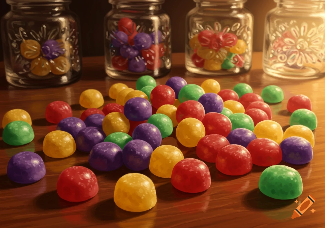 Colorful red, yellow, purple, and green round candies scattered on a wooden table, with blurred glass jars of candies in the background, digital painting.