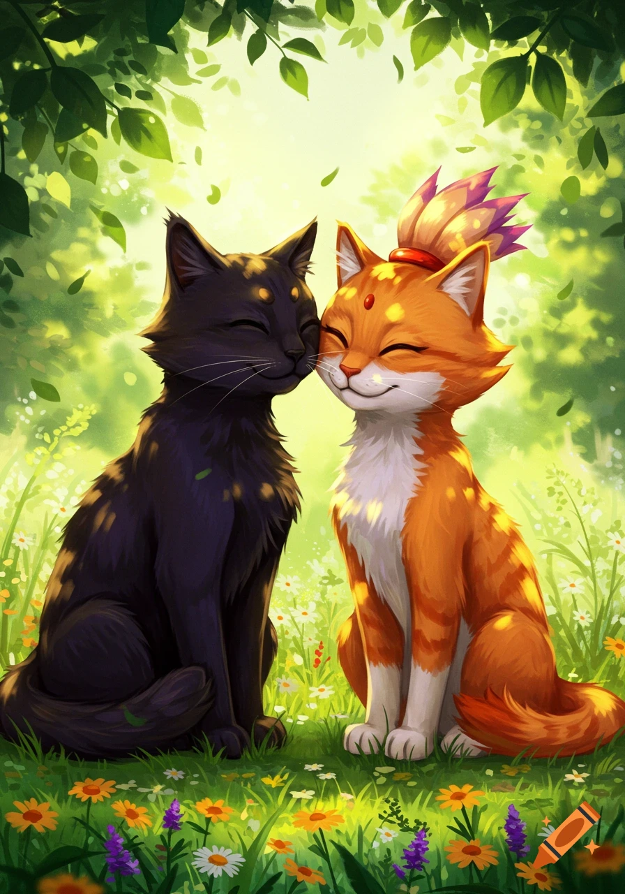 A black cat and an orange cat nuzzle in a bright, flowery field under green leaves, illustration.