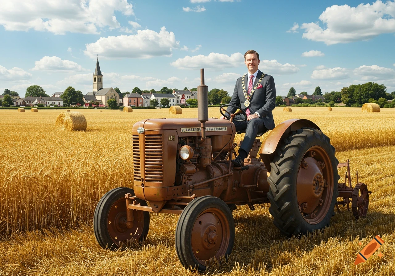 A man in a suit and ceremonial chain sits proudly on an old brown tractor in a golden wheat field with hay bales and a village in the background.