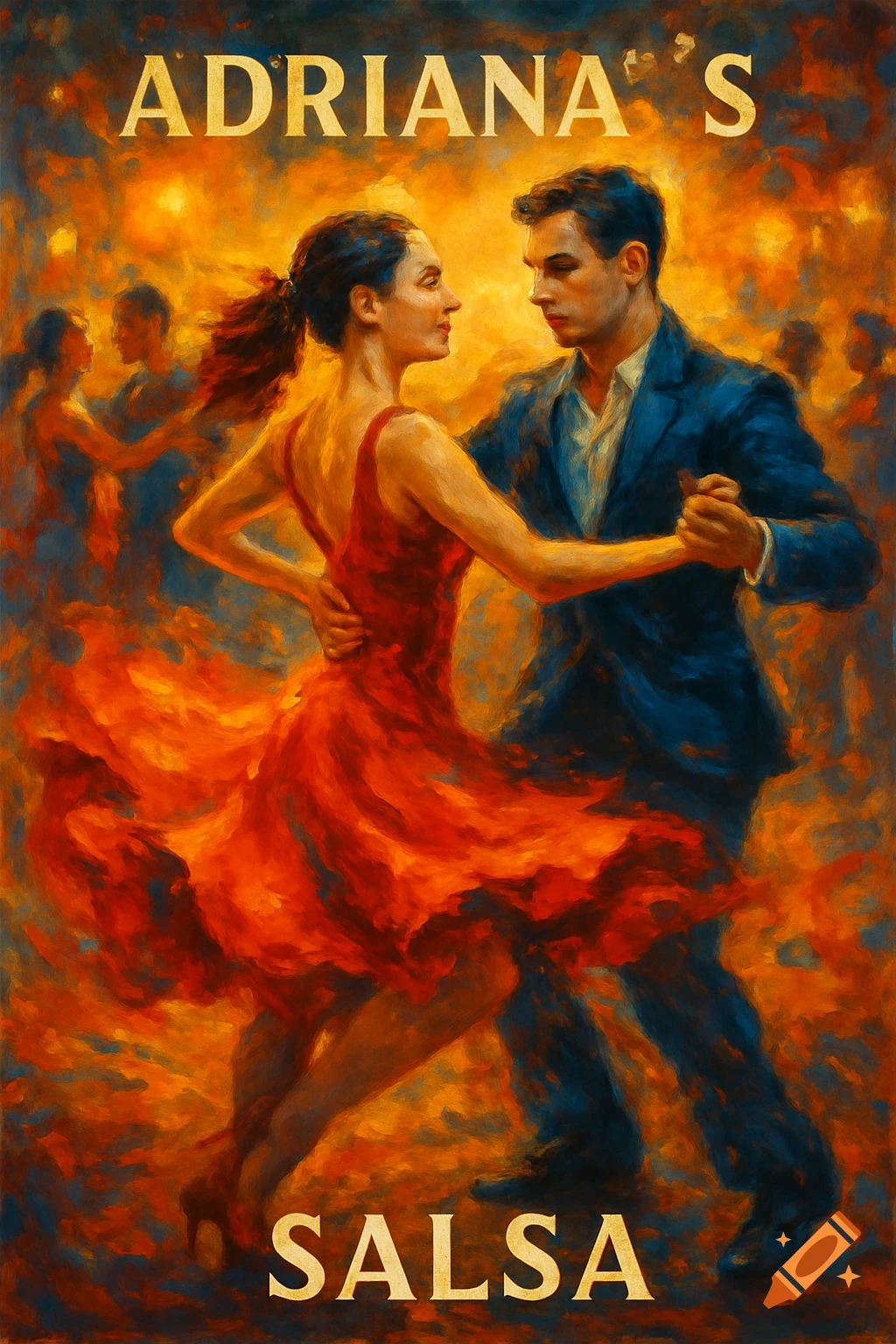 A vibrant painting of a man and woman dancing salsa, with 'ADRIANA'S SALSA' text. Warm tones, blurred dancers in background.
