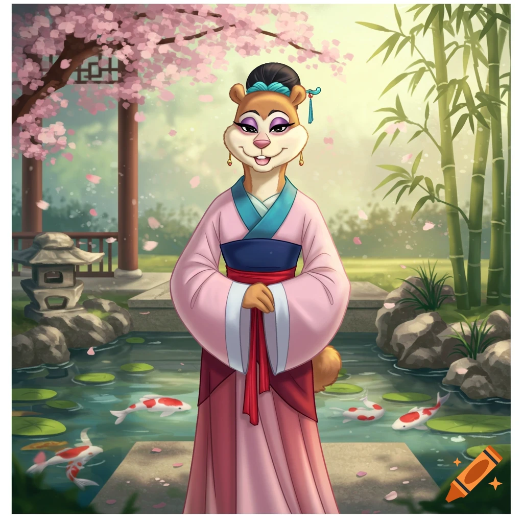 Cartoon squirrel Sandy Cheeks from SpongeBob SquarePants, dressed in a pink traditional Mulan-inspired Hanfu dress, stands in a Japanese-style garden with cherry blossoms, bamboo, a pond with koi fish, and a stone lantern.