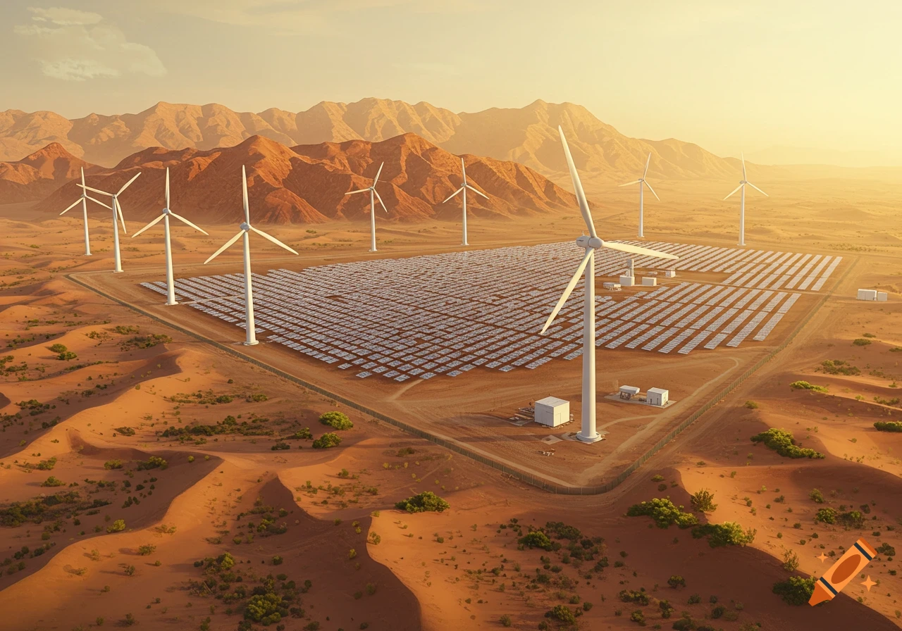 A vast solar panel and wind turbine farm sprawled across a desert valley with mountains under a warm sky, photorealistic.