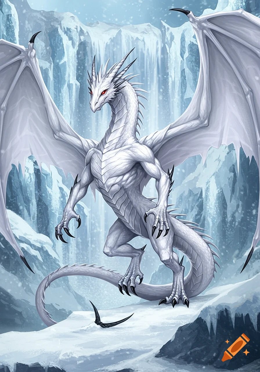 A majestic white dragon with red eyes stands in an icy mountain landscape, wings spread, covered in sharp scales and spikes.
