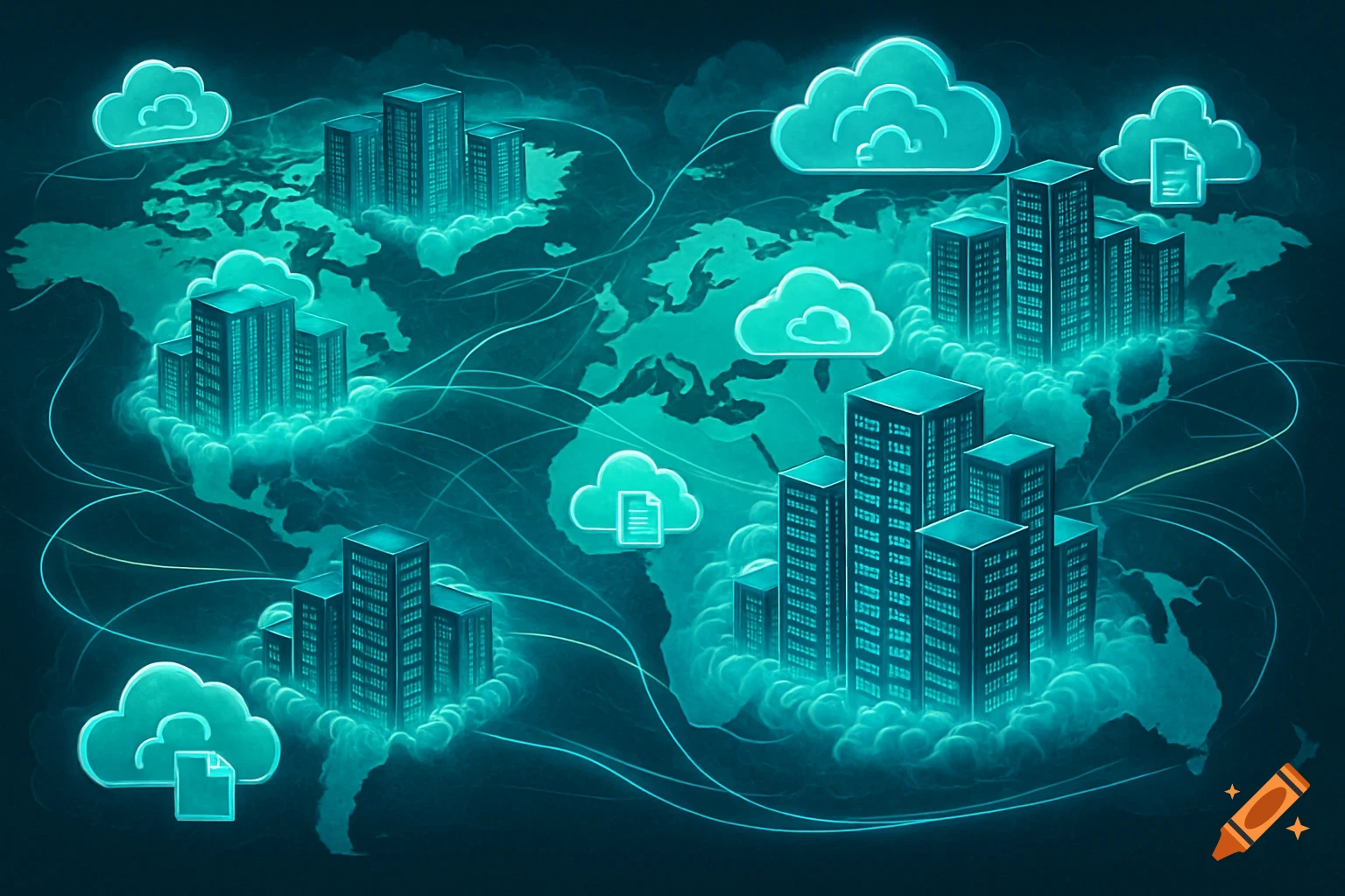 Glowing dark teal world map with clusters of server buildings emerging from clouds, interconnected by light lines, symbolizing global cloud computing.