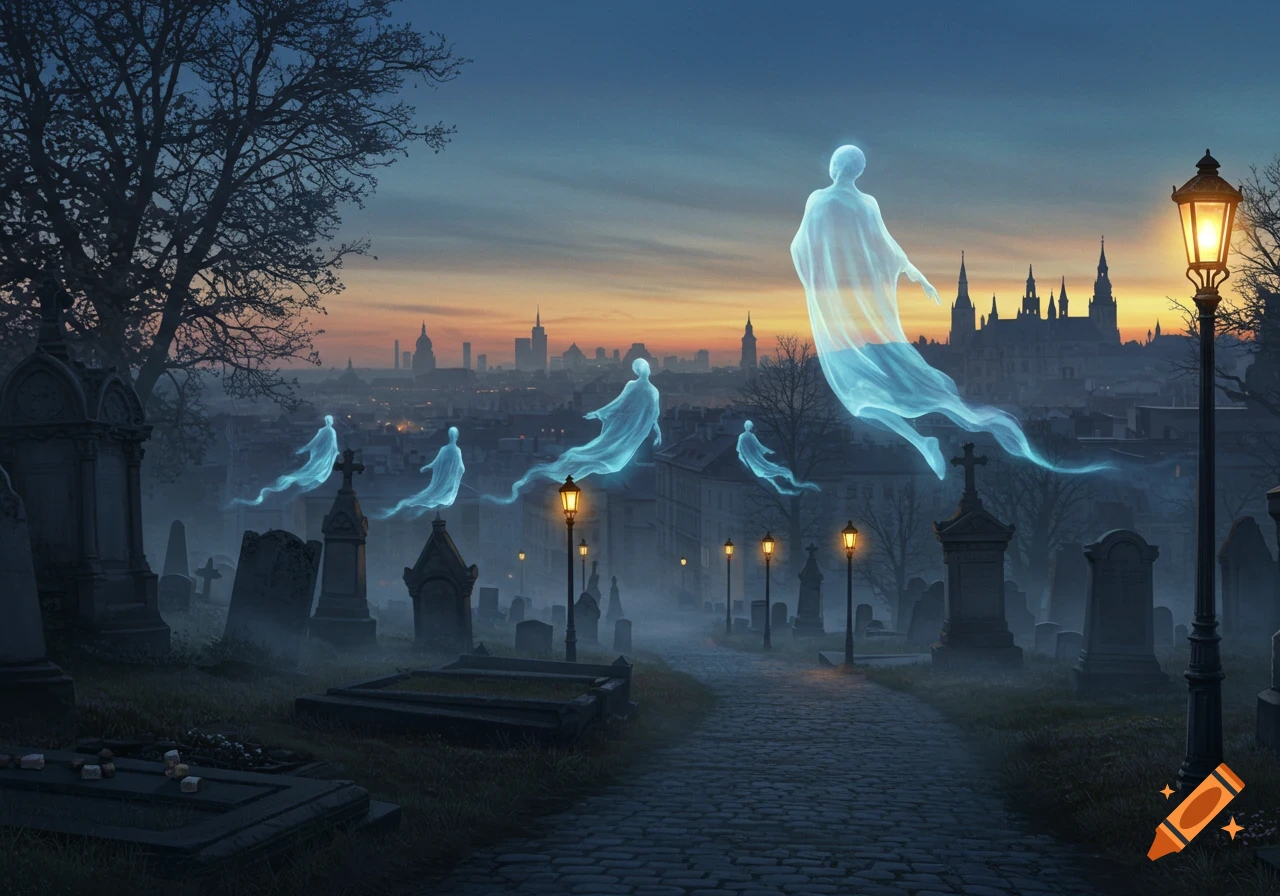 Ethereal ghosts float above a misty cemetery path lined with gravestones and streetlights, with a city skyline visible at sunset.