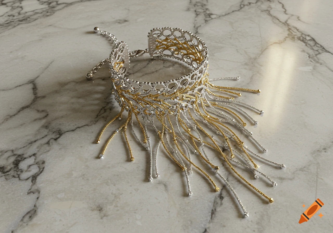 A silver and gold bracelet with long, decorative strings lies on a white marble surface.