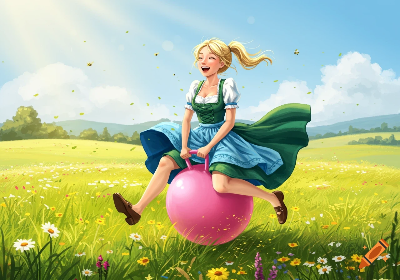 Smiling blonde woman in a dirndl bounces on a pink hopper ball in a sunny, flower-filled green field, illustration.