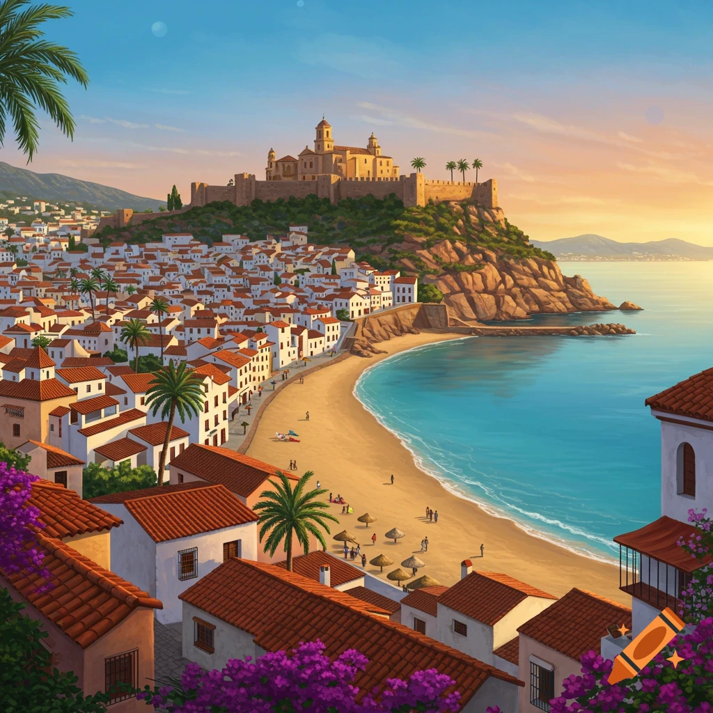 Stylized view of a vibrant coastal city with white buildings, a sandy beach, and a historic castle on a hill overlooking the sea.