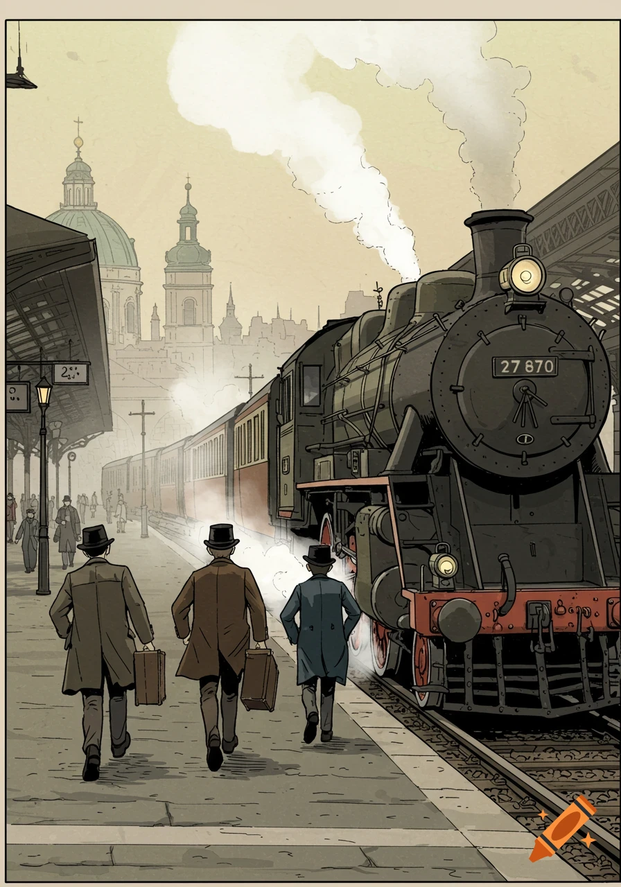 Three men in 19th-century attire run on a train platform towards a large steam locomotive, with a city skyline in the background, in a comic art style.