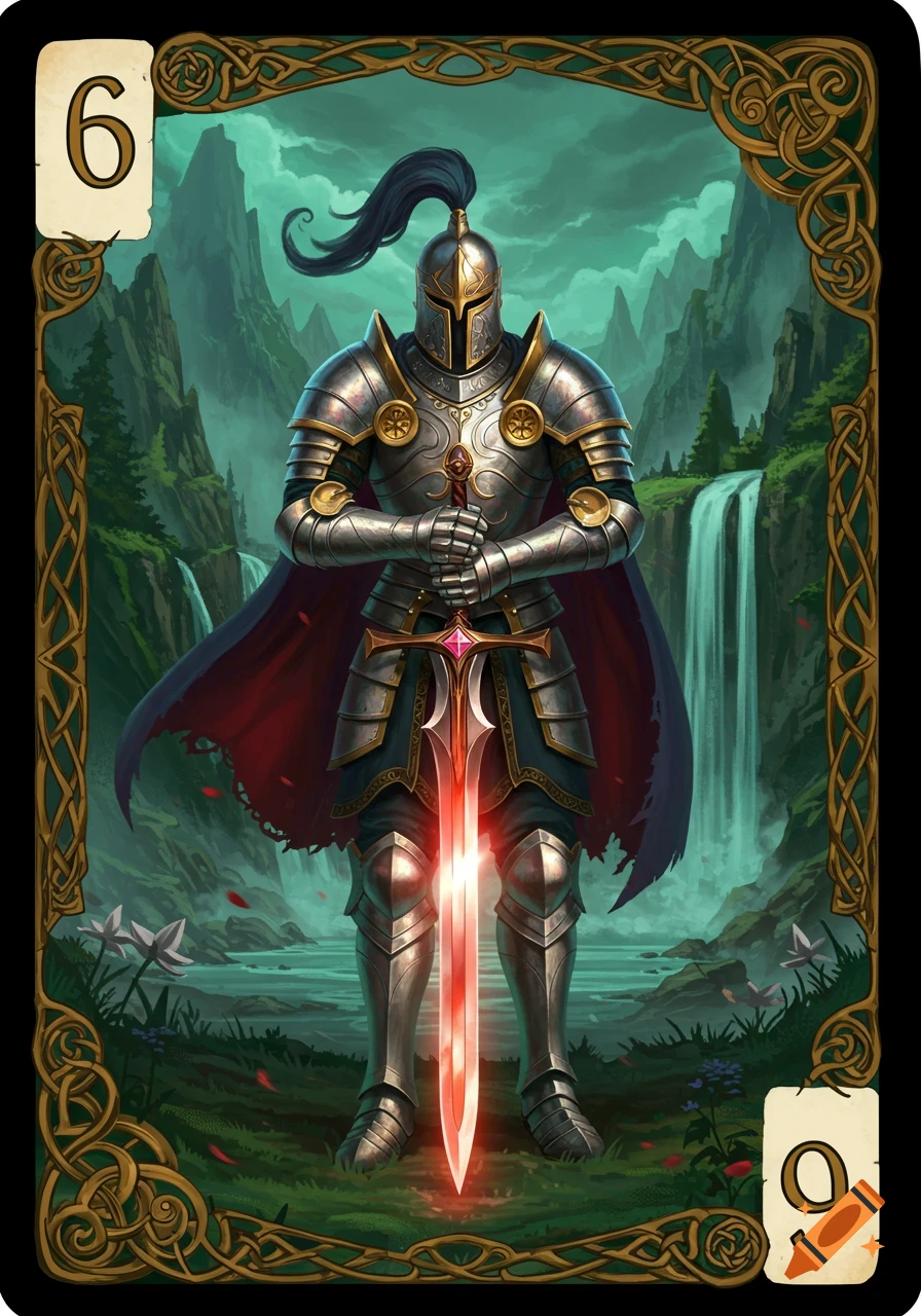 A knight in ornate armor holds a glowing red sword in a lush fantasy landscape with mountains and a waterfall, depicted as a playing card with the number 6.