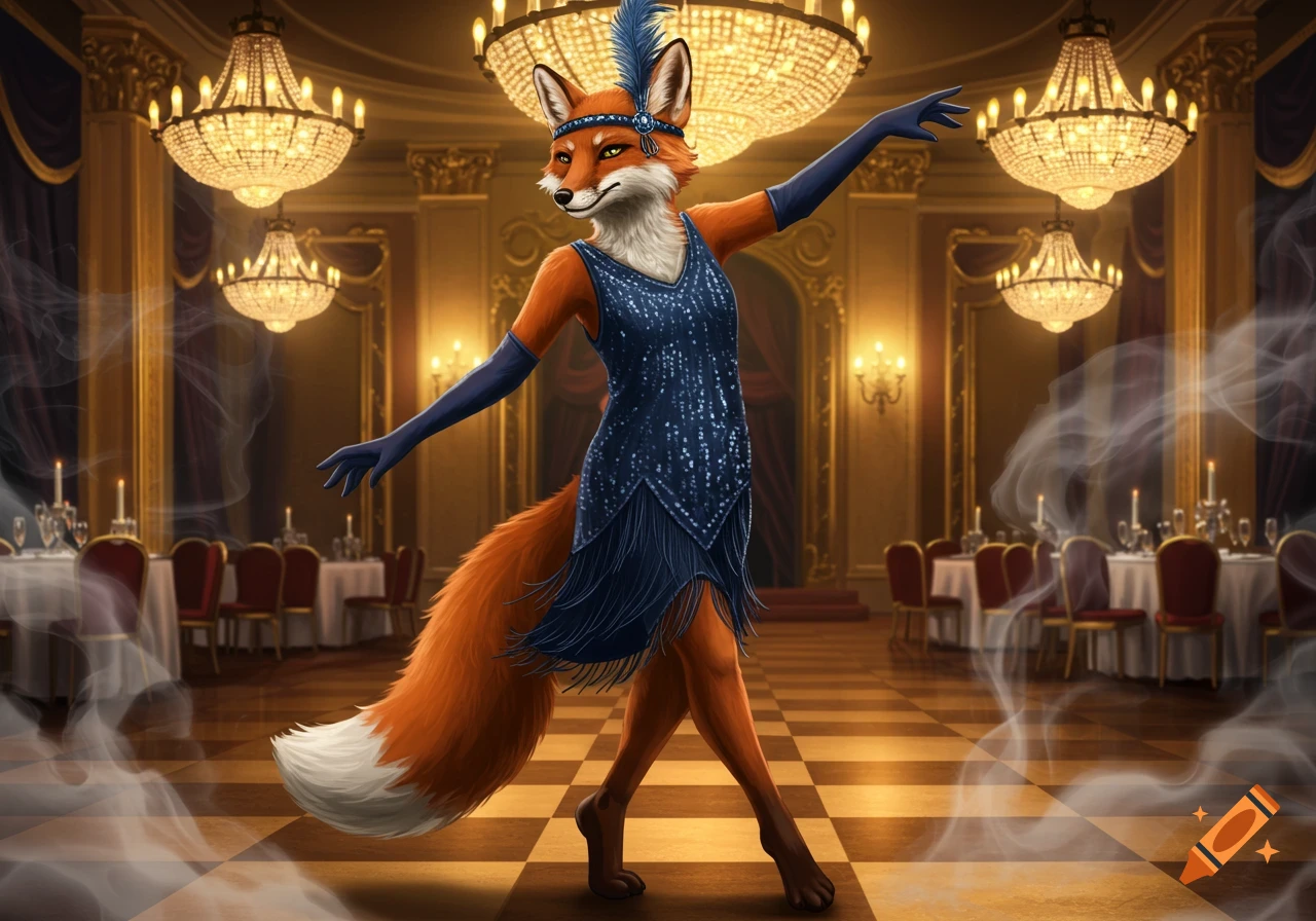 An anthropomorphic fox in a navy blue flapper dress, long gloves, and feathered headband dances in an elegant ballroom.