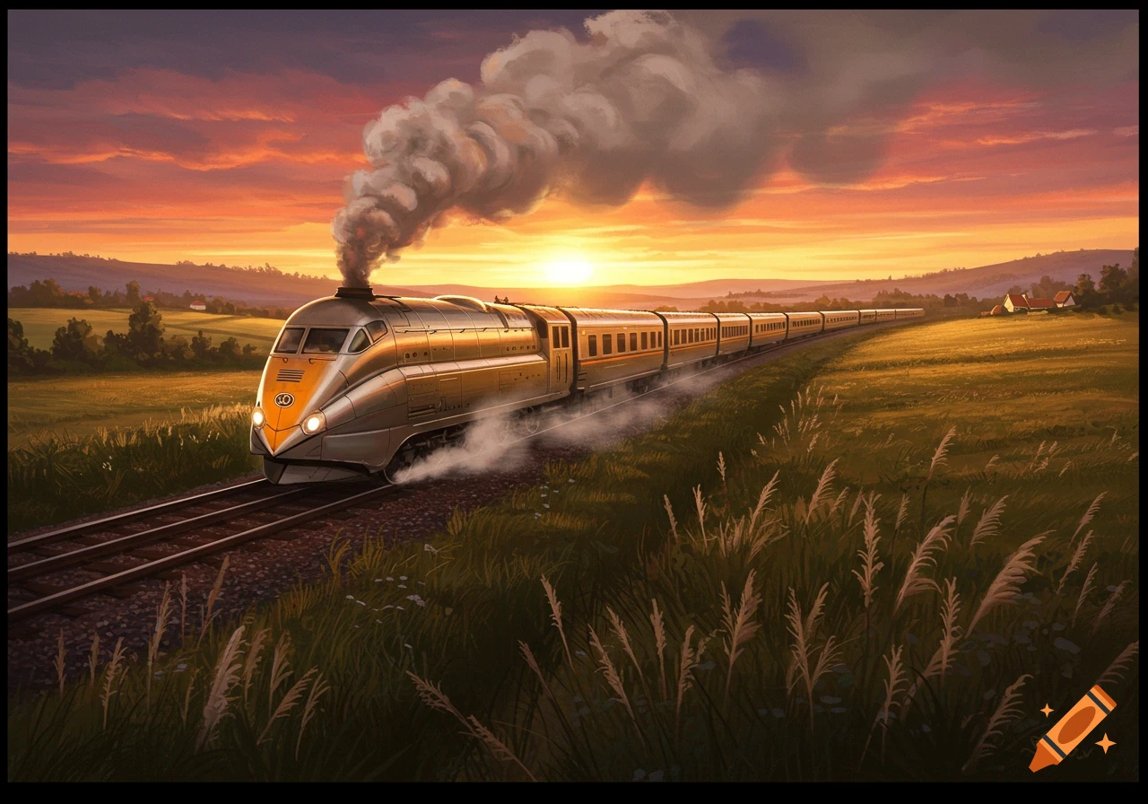 A stylized silver and gold train emits smoke as it travels through a green field during a vibrant sunset, in a digital painting.