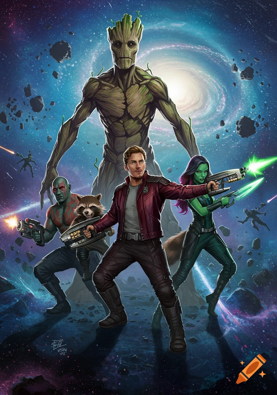 Digital illustration of Guardians of the Galaxy: Groot, Star-Lord, Gamora, Drax, and Rocket Raccoon, posing in space.