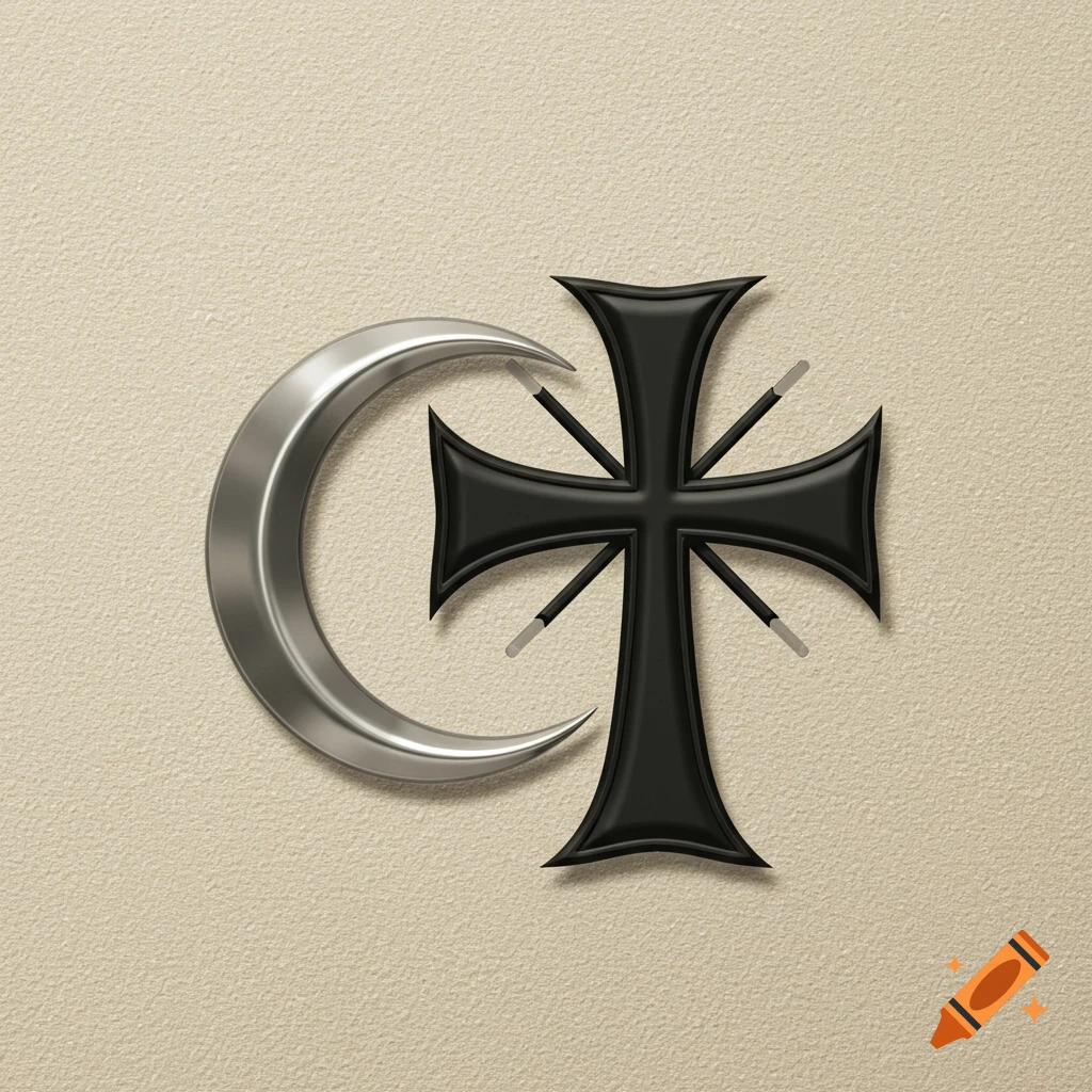 A silver crescent moon partially overlaps a black cross on a textured beige background, representing religious symbolism.