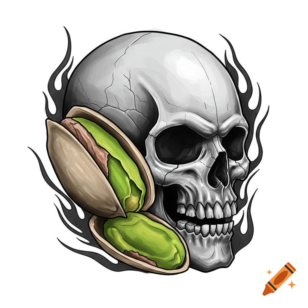 Stylized grey skull with black flame accents and two open pistachios, in a tattoo illustration style.