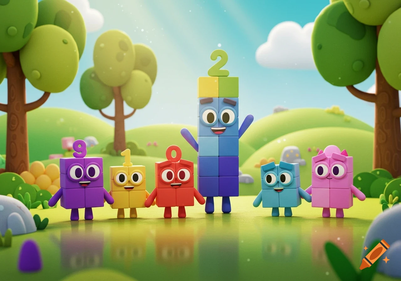 Colorful block characters with expressive faces and numbers on their heads stand in a vibrant green landscape.