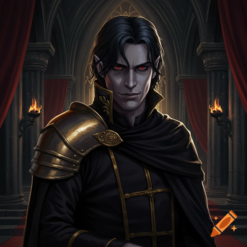 A handsome vampire-like man with dark hair, red eyes, and fangs, wearing a gold pauldron and black cloak in a gothic throne room.