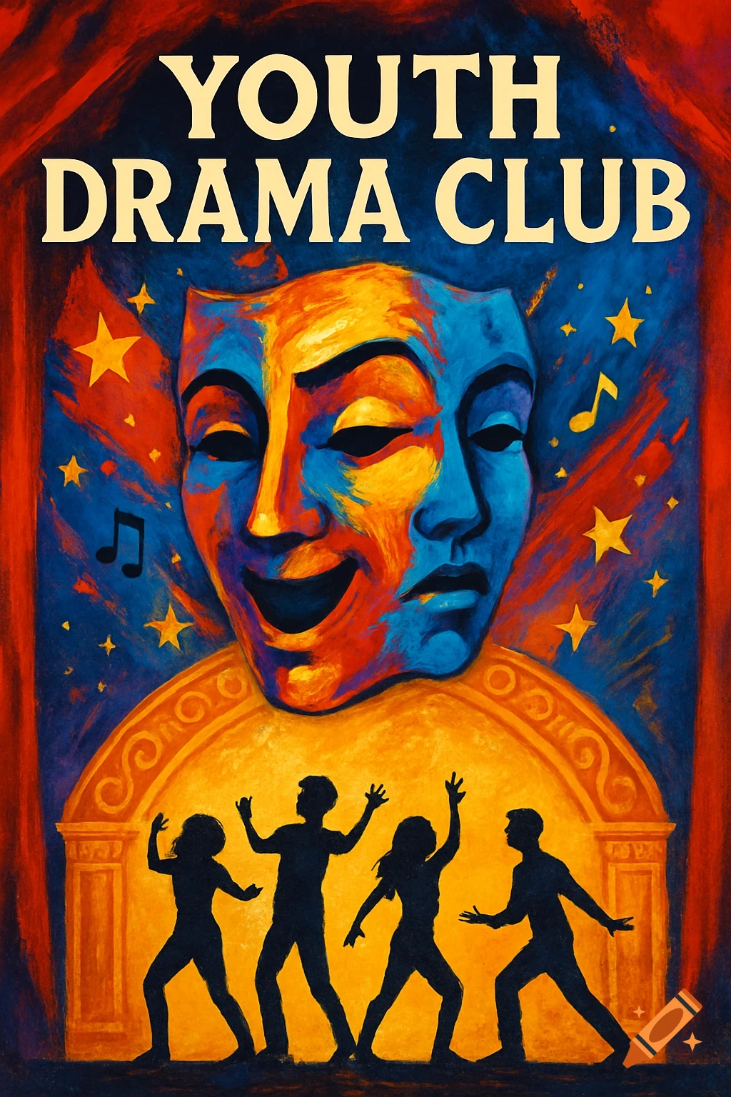A vibrant, painterly flyer for 'Youth Drama Club' with two theatrical masks, stars, musical notes, and silhouettes of four people acting or dancing on stage.