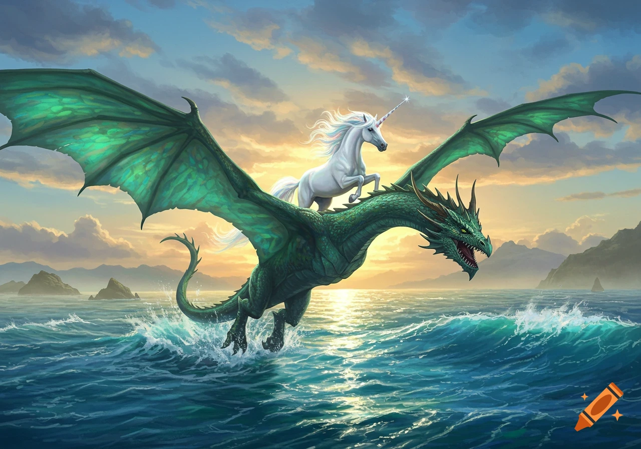 A white unicorn rides on the back of a large green dragon flying low over a turbulent blue sea at sunset.