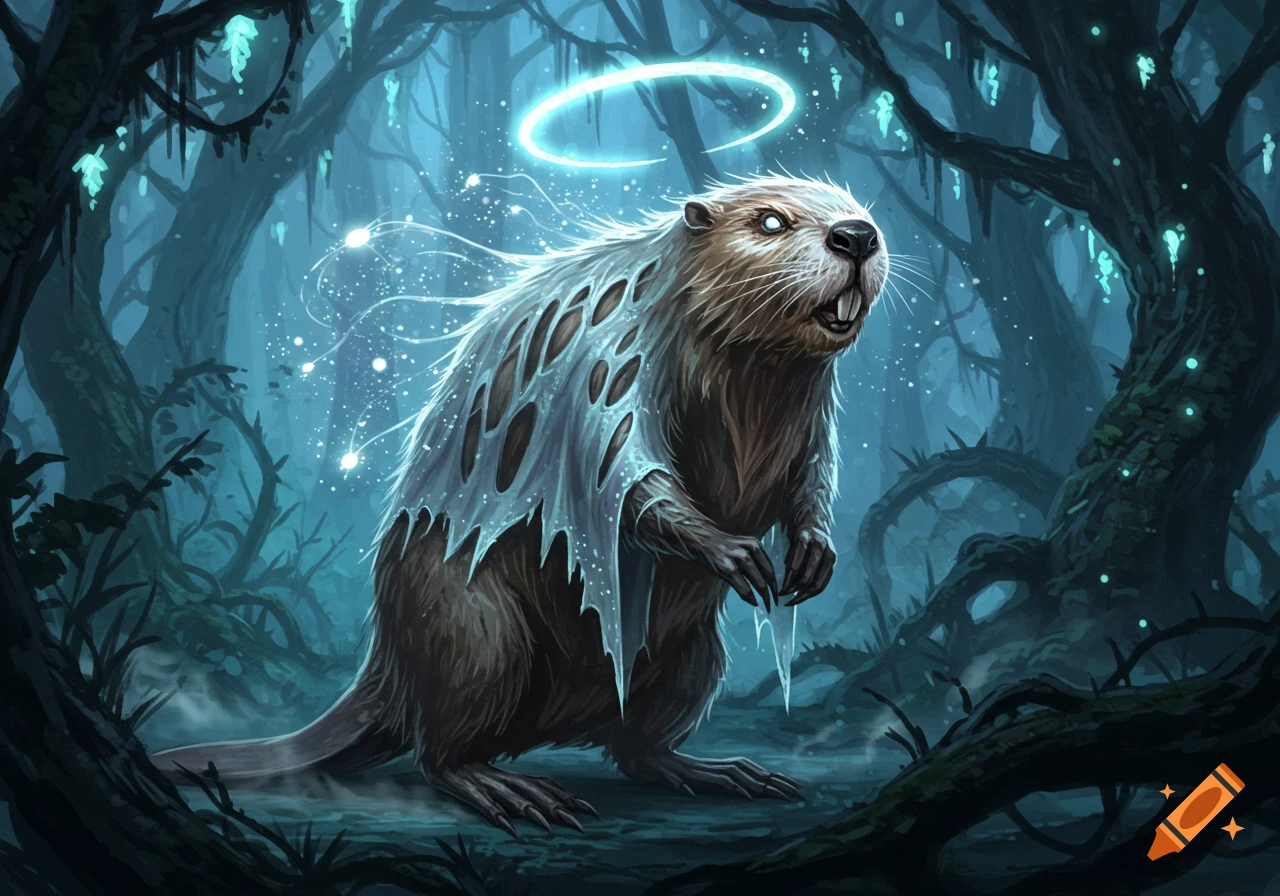 A ghostly beaver with glowing eyes and a tattered, ethereal mantle and halo stands in a dark, mystical forest.