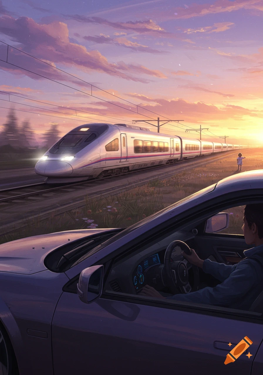 Digital painting of a high-speed train passing a car at sunset, with a person driving and a child in a field.