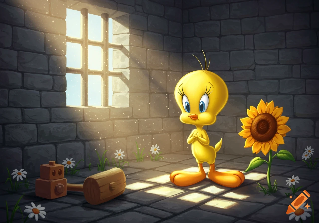 A cute cartoon Tweety Bird stands in a stone jail cell bathed in sunlight, next to a sunflower and a wooden mallet.