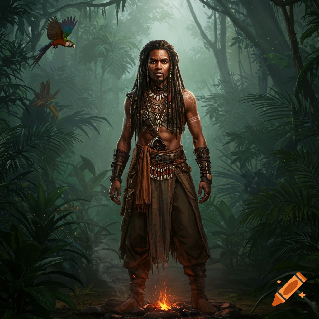 A dark-skinned man with dreadlocks and tribal attire stands in a dense jungle by a small fire, a parrot flying. Digital art.
