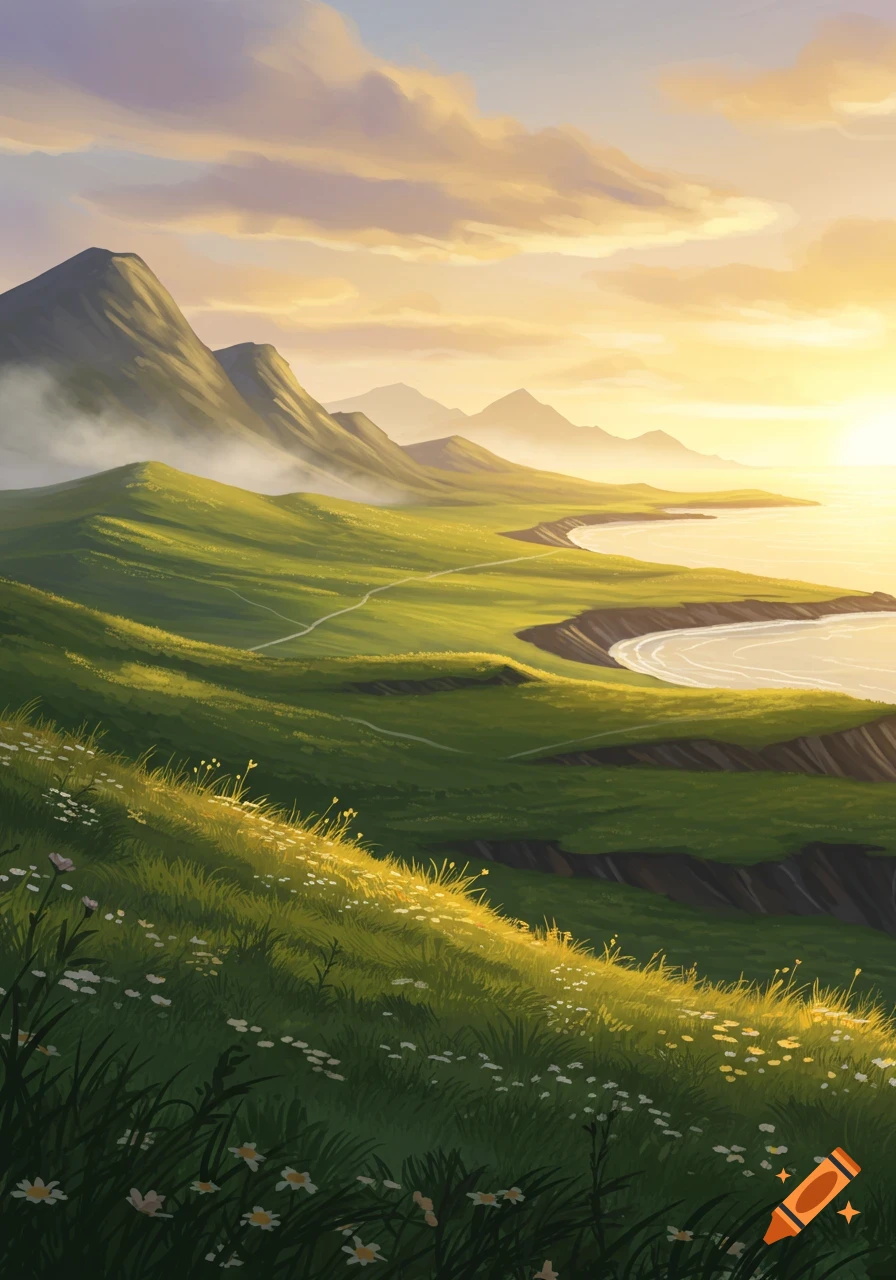 A vibrant digital painting of green rolling hills and mountains meeting a calm coastline under a beautiful sunset sky.