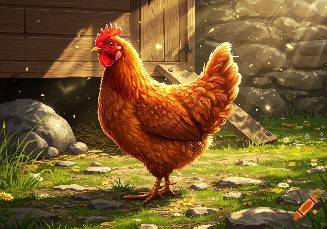 A brown chicken with a red comb stands on a sunny, grassy path near a wooden chicken coop and stone wall, in an illustrative style.