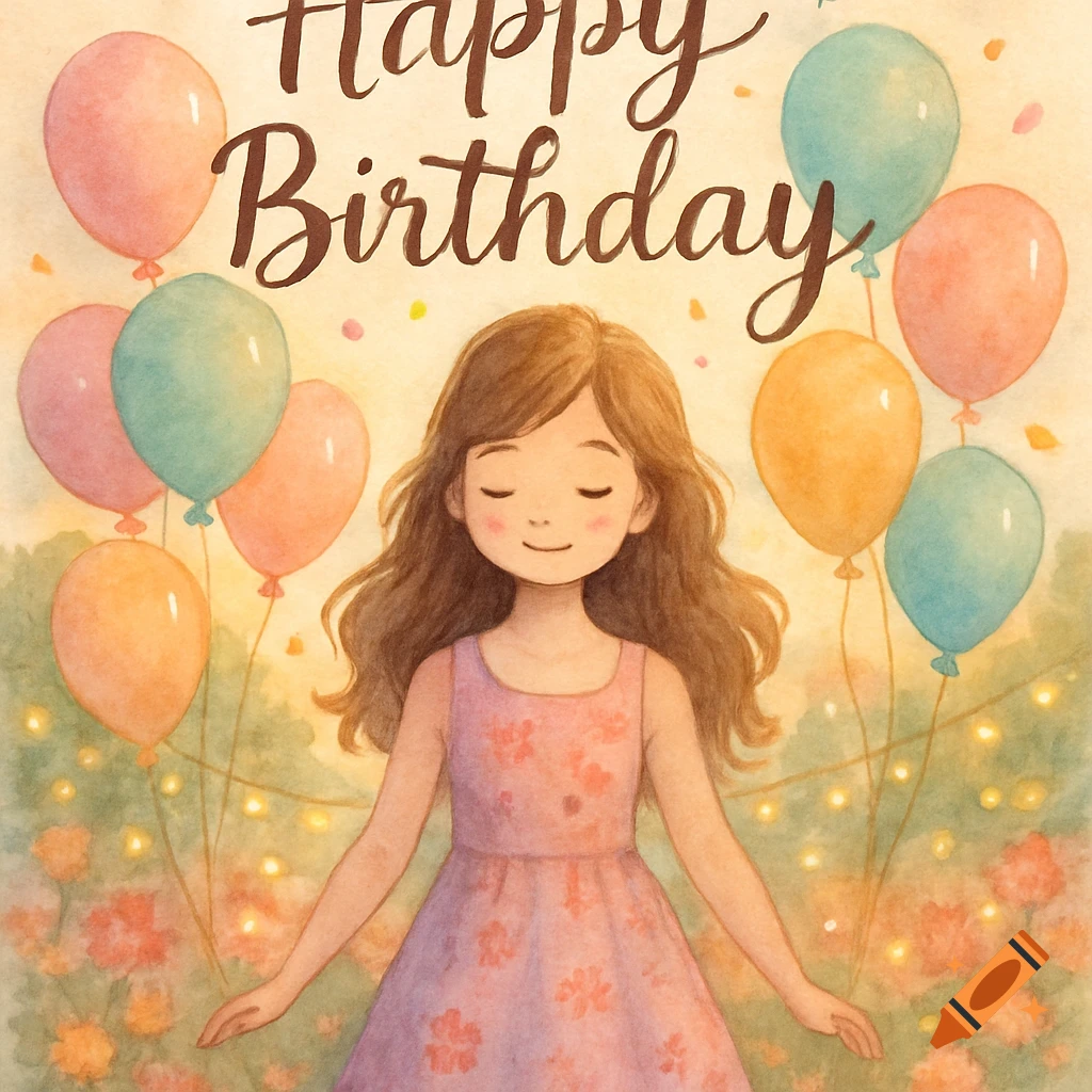 Watercolor illustration of a girl with closed eyes smiling, surrounded by balloons and flowers with 'Happy Birthday' text.