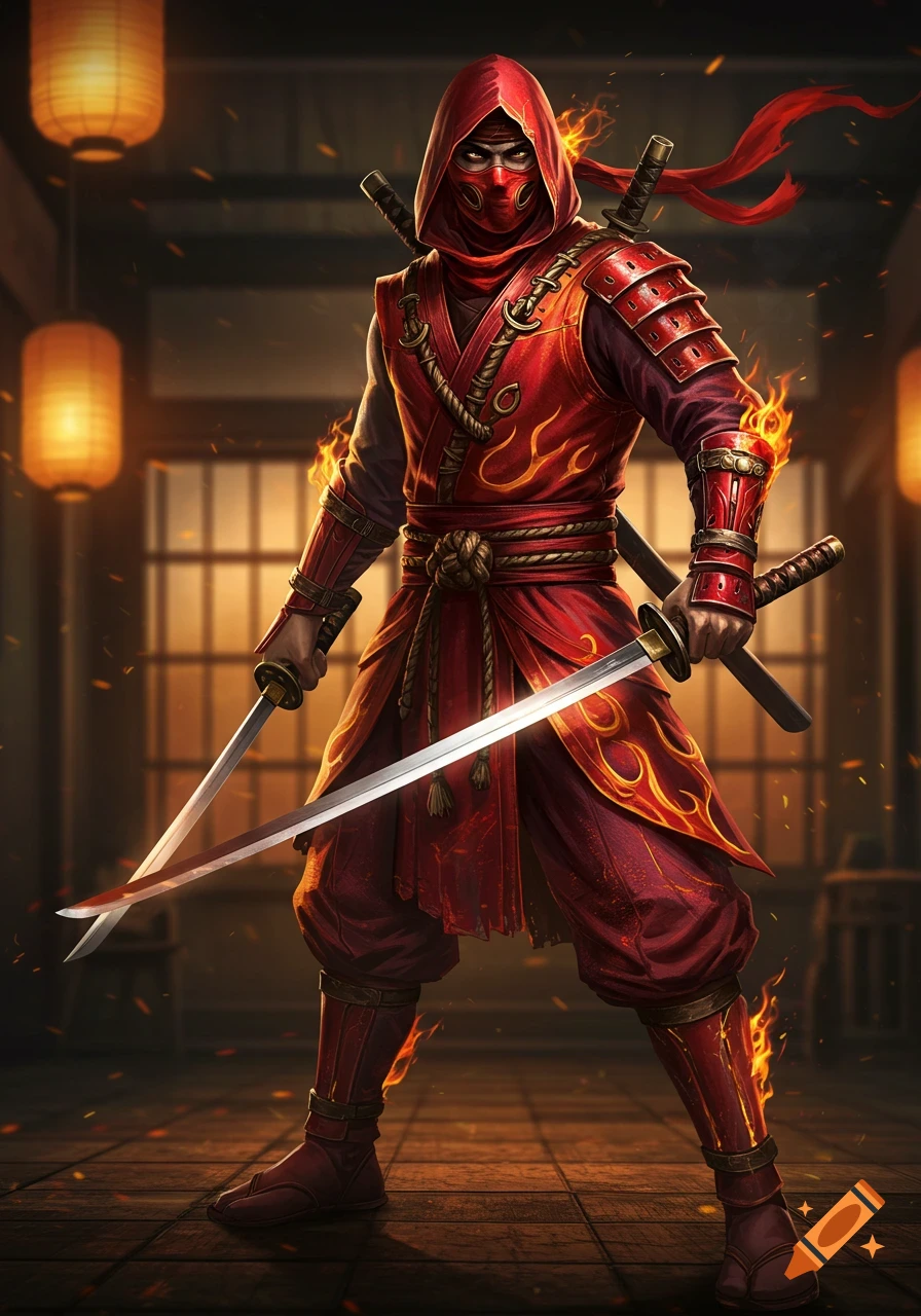 A red-clad ninja warrior with glowing eyes and flame details, wielding two katanas in a traditional Japanese interior.