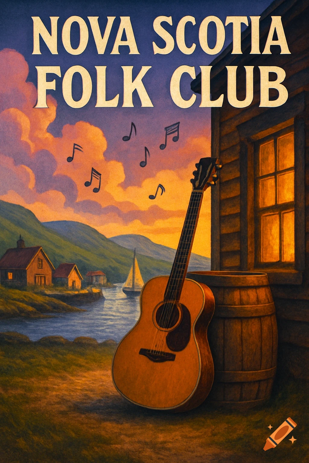 A poster-style painting of an acoustic guitar leaning by a wooden house, with musical notes over a sunset coastal landscape. Text: NOVA SCOTIA FOLK CLUB.