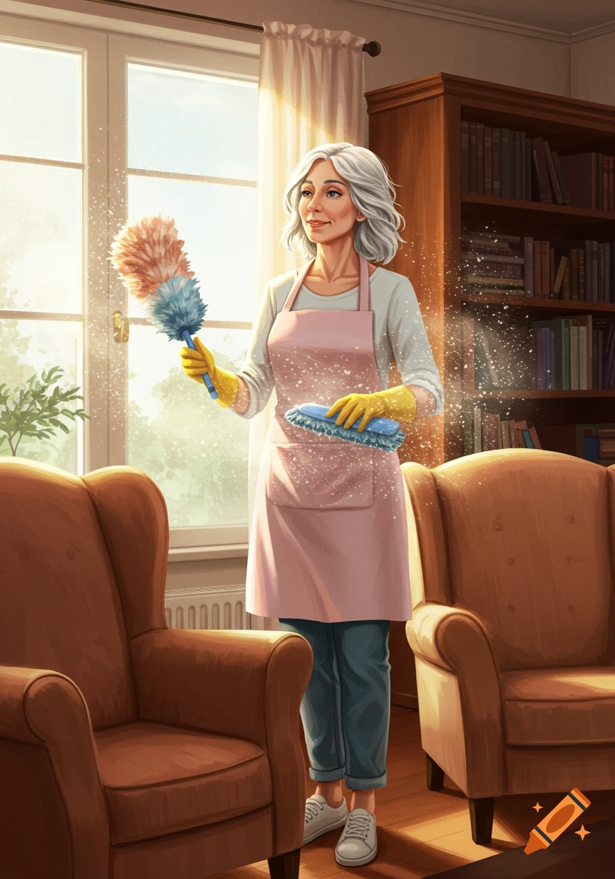Illustrated senior woman cleaning a sunny room, holding a duster and brush.