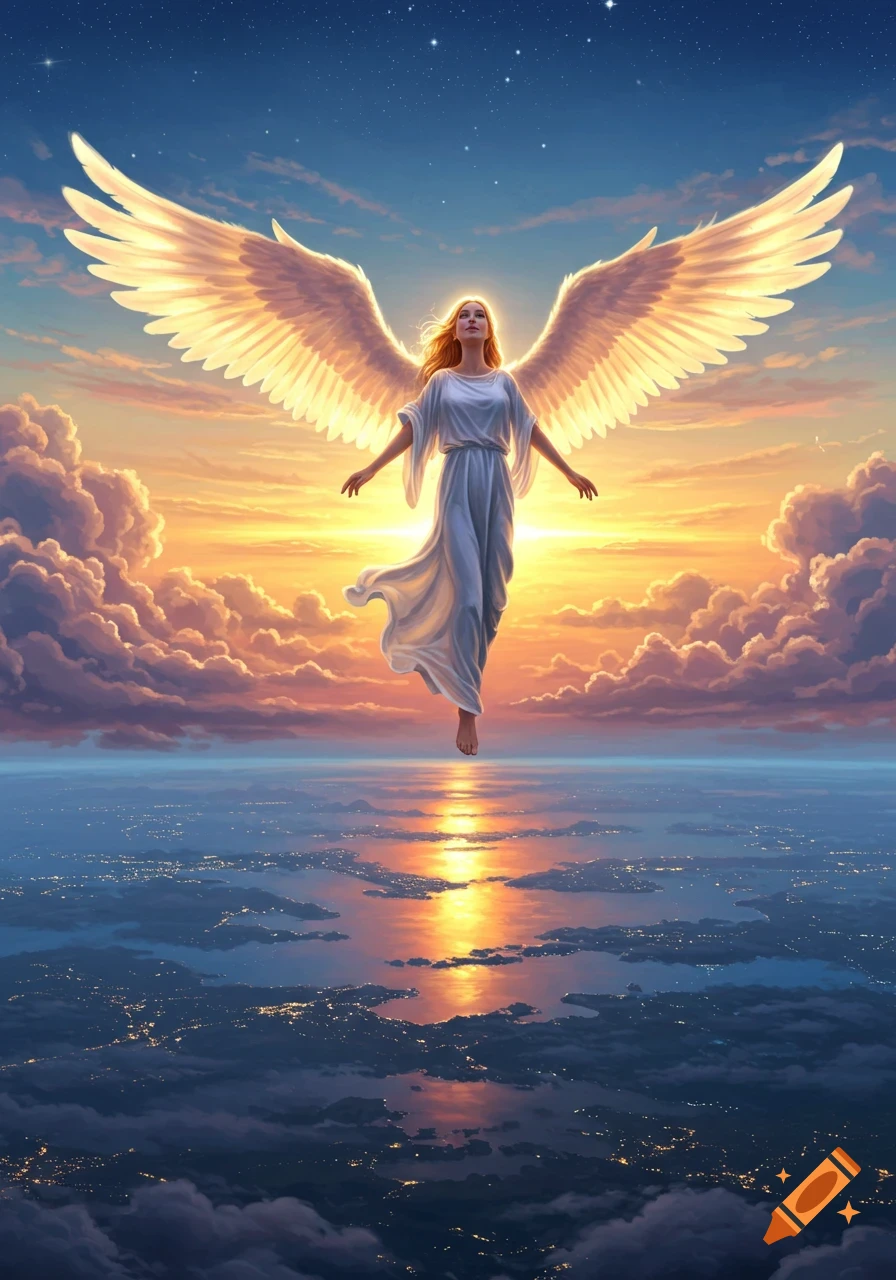 A majestic angel with glowing wings floats in a sunset sky above clouds and city lights reflecting on water.