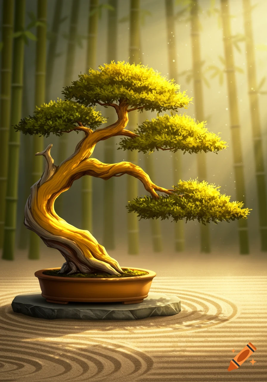 A stylized illustration of a bonsai tree with a yellow trunk and green leaves in a zen garden with raked sand and bamboo.