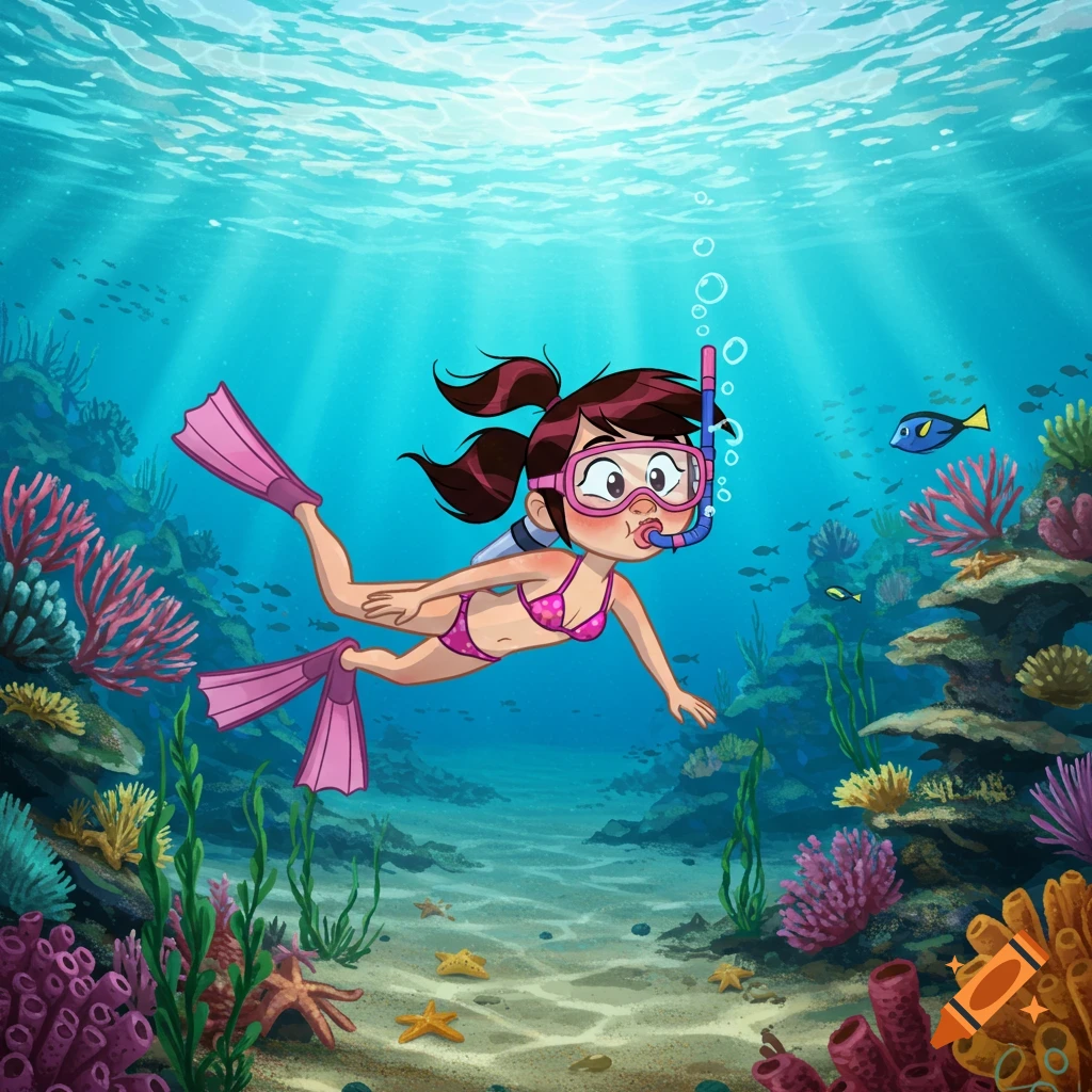 Cartoon girl with pigtails in a pink bikini, goggles, and flippers makes a fish face while snorkeling in a vibrant coral reef.