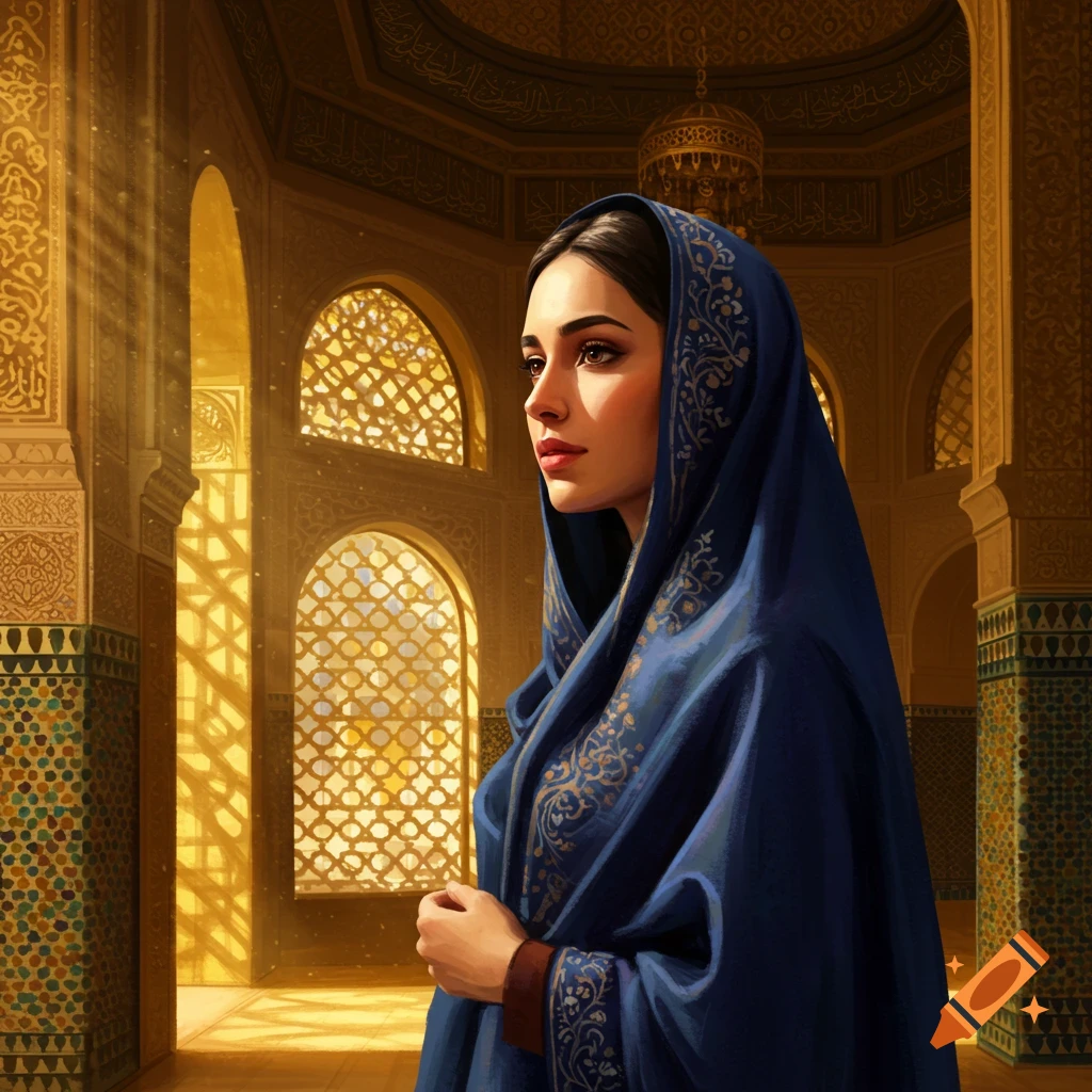 A woman in a blue hijab with gold patterns stands in a sunlit, ornate Islamic hall, hands clasped.