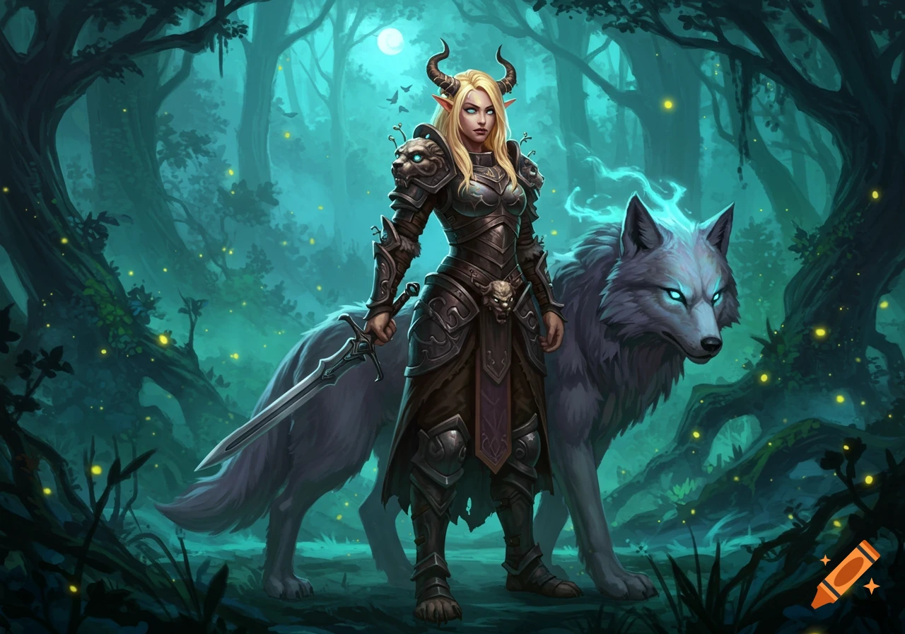 A blonde horned warrior in ornate armor holding a sword stands with a glowing-eyed wolf in a magical, moonlit forest.