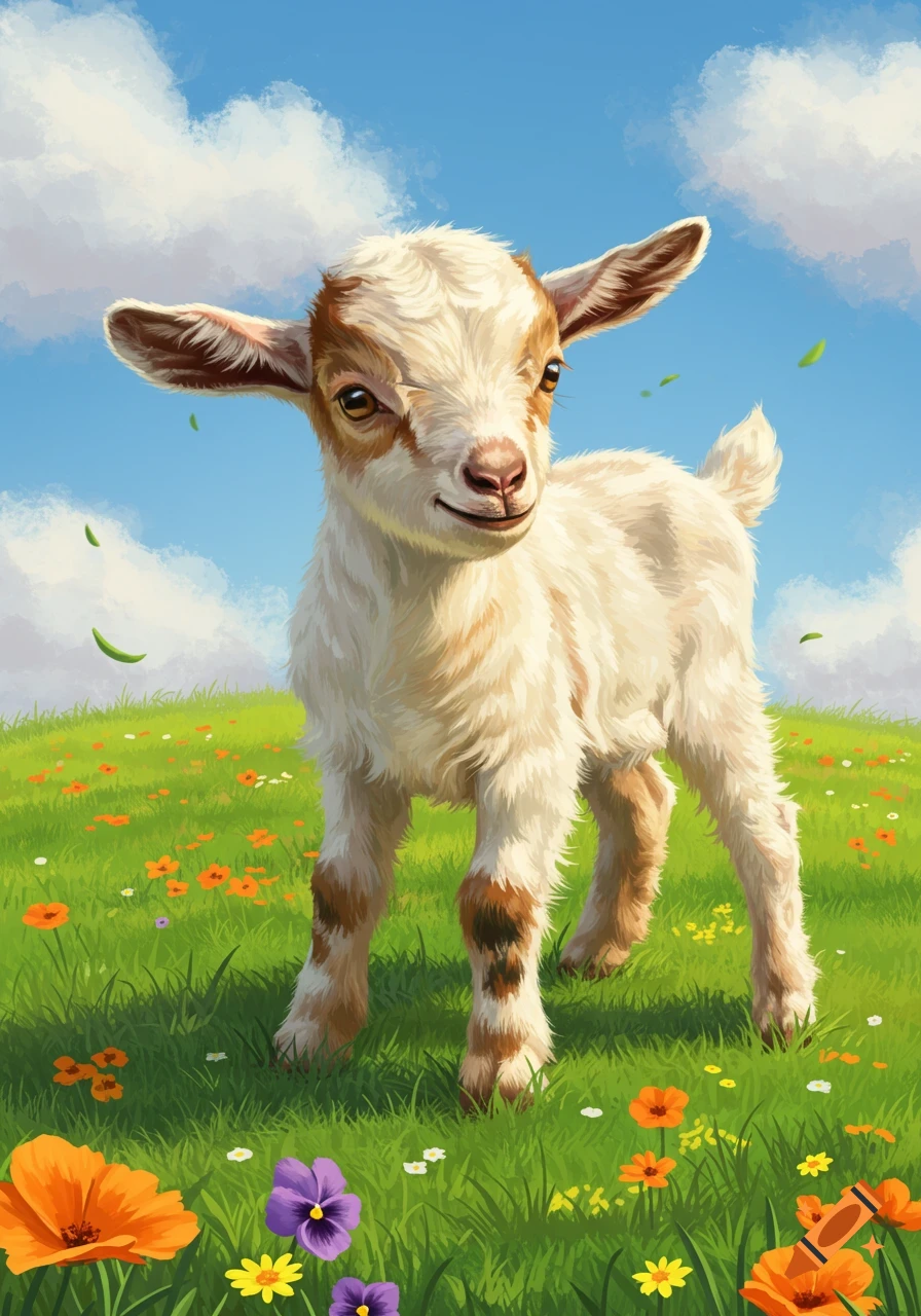 A cute baby goat with white and brown fur stands in a vibrant green field filled with colorful flowers under a bright blue sky.