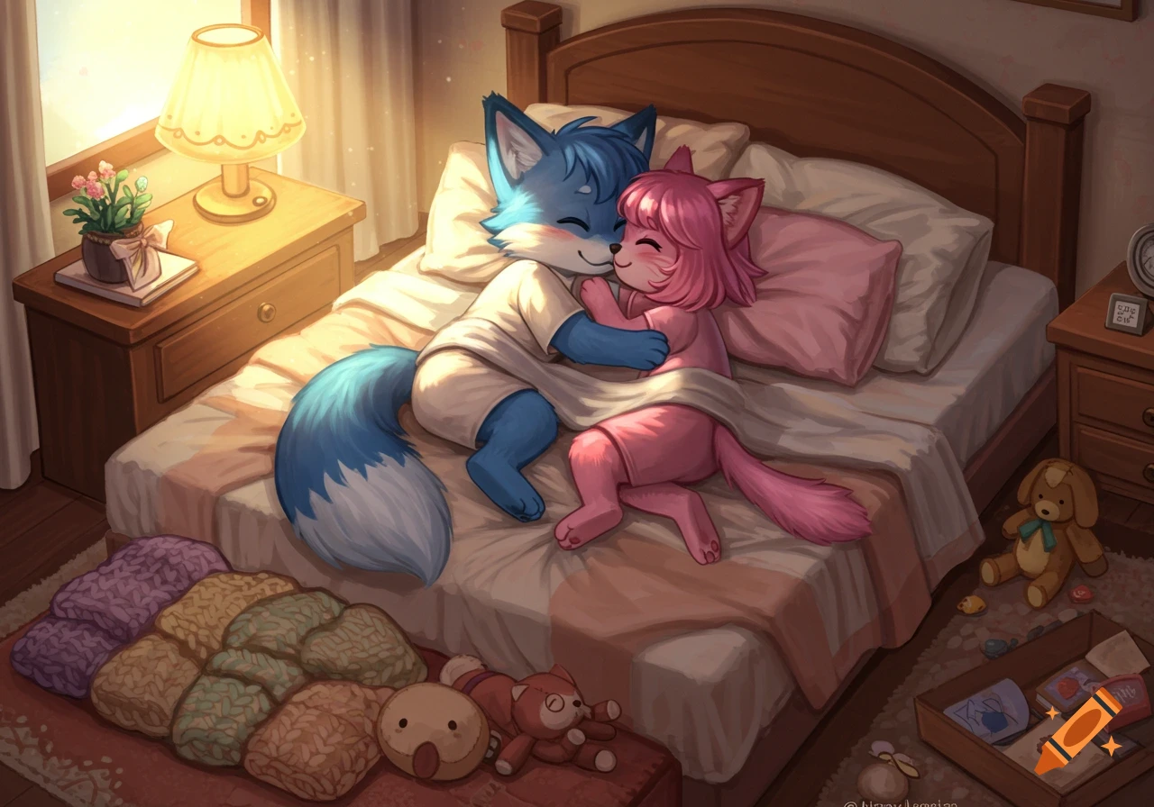 Cute anthropomorphic blue fox and pink cat cuddling happily in a bed in a warmly lit bedroom.