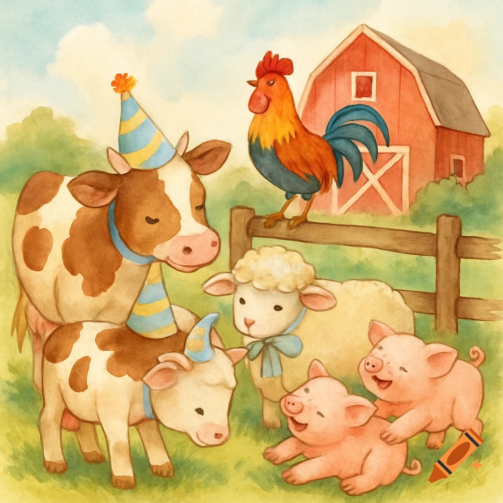 Watercolor illustration of cute farm animals, some in party hats, celebrating in a grassy field with a red barn.