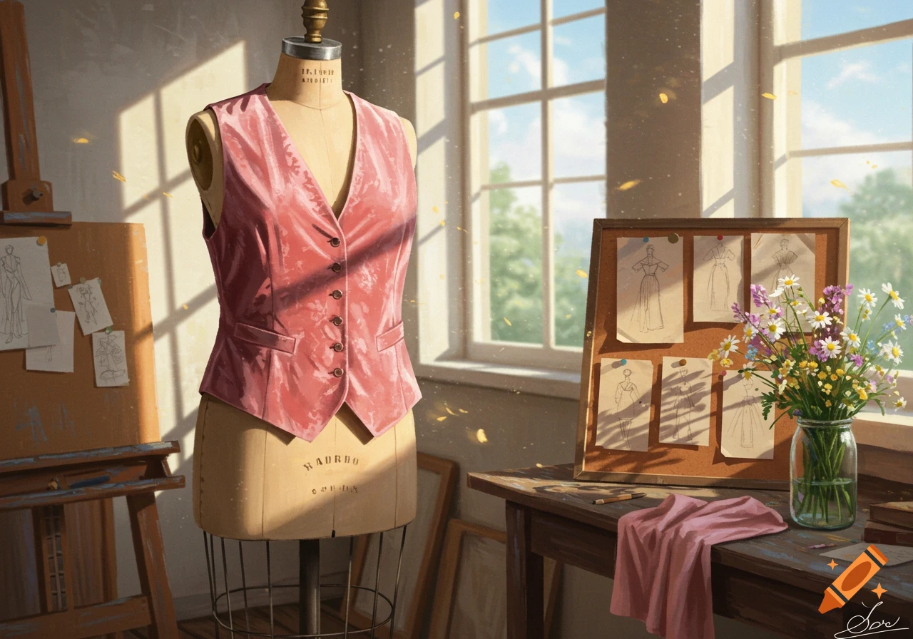 A pink velvet vest on a tailor's dummy in a sunlit art studio with fashion sketches and a vase of wildflowers.