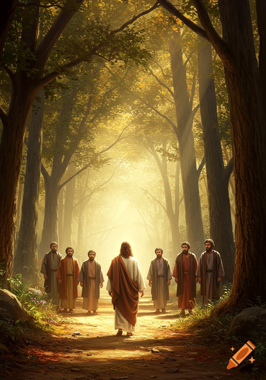 Jesus, viewed from behind, leads his apostles down a sun-drenched forest path in a detailed digital painting.