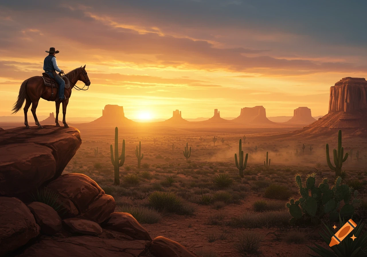 A cowboy on a horse stands on a rocky outcrop, overlooking a vast desert landscape with mesas and cacti at a vibrant sunset.