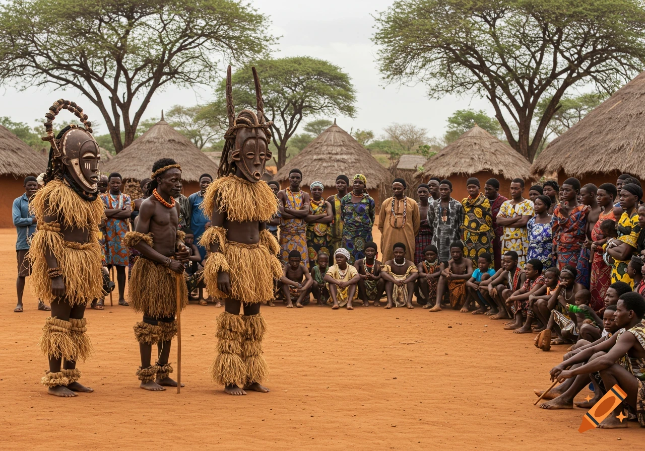 Photorealistic scene of masked figures in raffia costumes addressing villagers gathered in an African village with thatched huts.