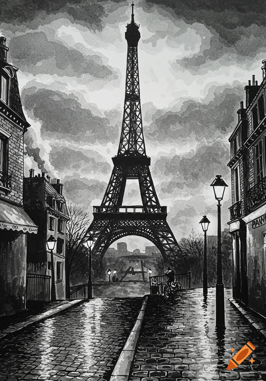 Moody black and white drawing of the Eiffel Tower seen from a wet, cobblestone street lined with buildings and street lamps.