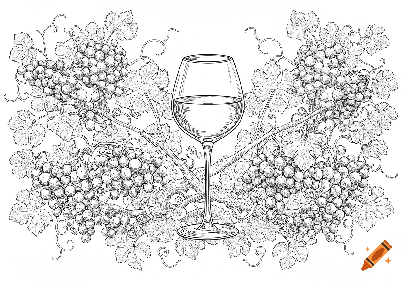 Black and white line drawing of a wine glass centered among lush grapevines with clusters of grapes and leaves.