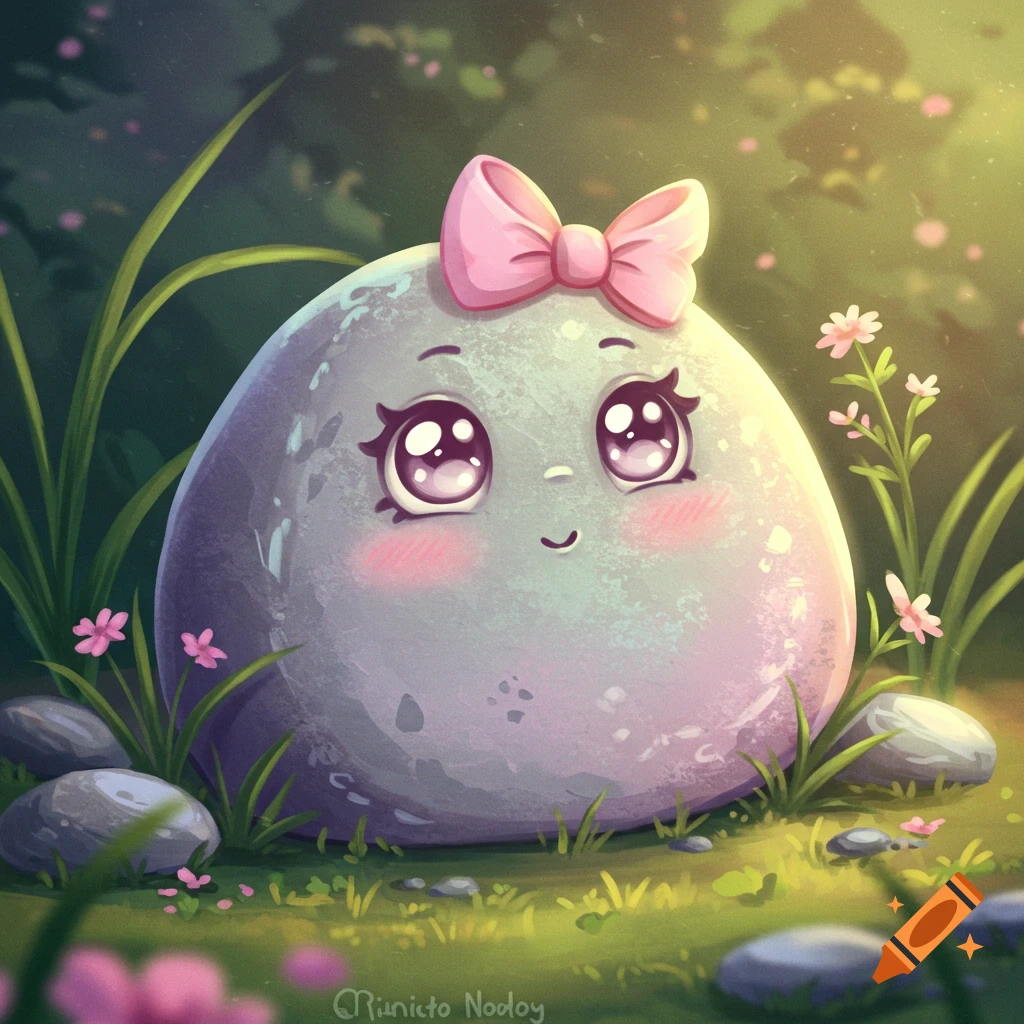 Cute cartoon rock creature with a pink bow, big eyes, and a smile, sitting in grass with flowers.